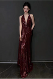 Elegant Burgundy Sheath Prom Dress V-neck Sequin Evening Gown Party Dress Long Formal Dress HZ1024