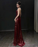 Elegant Burgundy Sheath Prom Dress V-neck Sequin Evening Gown Party Dress Long Formal Dress HZ1024