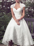 Elegant White Applique Cap Sleeve Tea Length A-Line Wedding Dress HZ1024