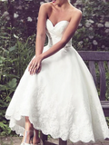 Elegant White Applique Cap Sleeve Tea Length A-Line Wedding Dress HZ1024