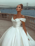 Elegant White Satin Sweetheart Off-the-shoulder A-Line Long Wedding Dress HZ1024