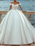 Elegant White Satin Sweetheart Off-the-shoulder A-Line Long Wedding Dress HZ1024