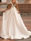 Elegant White V-neck Off-the-shoulder A-Line Satin Trailing Long Wedding Dress HZ1024