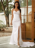 Elegant White Applique Sheath Spaghetti Strap High Slit Trailing Long Wedding Dress HZ1024