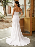 Elegant White Applique Sheath Spaghetti Strap High Slit Trailing Long Wedding Dress HZ1024