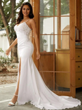 Elegant White Applique Sheath Spaghetti Strap High Slit Trailing Long Wedding Dress HZ1024