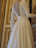 Elegant White Beaded A-Line Long-sleeve Trailing Long Wedding Dress HZ1024