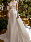 Elegant White Satin Applique V-neck A-Line Long-sleeve Trailing Long Wedding Dress HZ1024