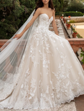 Elegant White Lace Applique Sweetheart A-Line Strapless Trailing Long Wedding Dress HZ1024