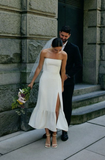 Elegant White Satin Strapless High Slit Sheath Wedding Dress HZ1024