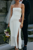Elegant White Satin Strapless High Slit Sheath Wedding Dress HZ1024