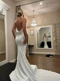 Elegant White Satin Straps V-neck Sheath Trailing Long Wedding Dress HZ1024
