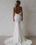 Elegant White Satin Straps V-neck Sheath Trailing Long Wedding Dress HZ1024