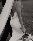 Elegant White Satin Straps V-neck Sheath Trailing Long Wedding Dress HZ1024