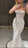 Elegant White Lace Spaghetti Strap Mermaid Trailing Long Wedding Dress HZ1024