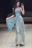 Elegant Aqua Spaghetti Strap Prom Dress Satin Evening Gown Sheath Party Dress Long Formal Dress HZ1024