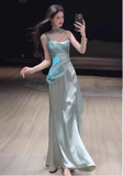 Elegant Aqua Spaghetti Strap Prom Dress Satin Evening Gown Sheath Party Dress Long Formal Dress HZ1024