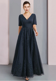 Vintage Appliqued Short-sleeved Mother of Bride Dress V-neck Evening Gown A-Line Long Formal Dress HZ1024