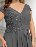 Elegant Gray A-Line V-neck Beaded Mother of Bride Dress Beaded Evening Gown Chiffon Ankle Length Formal Dress HZ1024