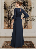 Elegant Navy Blue Embroidery Mother of Bride Dress Jewel Neck Evening Gown Ruffled Long Formal Dress HZ1024