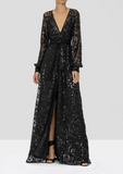 Elegant Black V-neck A-Line Lace Sequined Mother of Bride Dress Long-sleeved Evening Gown Long Formal Dress HZ1024