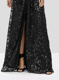 Elegant Black V-neck A-Line Lace Sequined Mother of Bride Dress Long-sleeved Evening Gown Long Formal Dress HZ1024