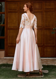 Elegant Pink Satin Mother of Bride Dress Half Sleeve Lace Evening Gown Ankle Length Formal Dress HZ1024