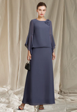 Elegant Chiffon Long-sleeved Two Piece Mother of Bride Dress Jewel Neck Evening Gown Long Formal Dress HZ1024