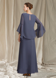 Elegant Chiffon Long-sleeved Two Piece Mother of Bride Dress Jewel Neck Evening Gown Long Formal Dress HZ1024