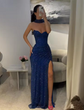 Vintage Royal Blue Sequin Sheath Sweetheart Satin Evening Gown Strapless Party Dress Slit Pleated Long Formal Dress HZ1024