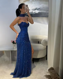 Vintage Royal Blue Sequin Sheath Sweetheart Satin Evening Gown Strapless Party Dress Slit Pleated Long Formal Dress HZ1024