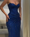 Vintage Royal Blue Sequin Sheath Sweetheart Satin Evening Gown Strapless Party Dress Slit Pleated Long Formal Dress HZ1024