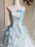 Chic Sky Blue A-Line Evening Gown Strapless Ribbon Bow Ball Gown Long Ruffled Tulle Formal Dress HZ1024