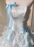 Chic Sky Blue A-Line Evening Gown Strapless Ribbon Bow Ball Gown Long Ruffled Tulle Formal Dress HZ1024