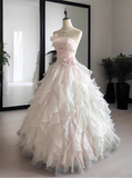 Chic Light Pink A-Line Evening Gown Strapless 3D Flowers Ball Gown Long Ruffled Tulle Formal Dress HZ1024