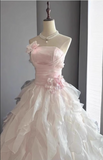 Chic Light Pink A-Line Evening Gown Strapless 3D Flowers Ball Gown Long Ruffled Tulle Formal Dress HZ1024