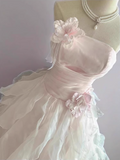 Chic Light Pink A-Line Evening Gown Strapless 3D Flowers Ball Gown Long Ruffled Tulle Formal Dress HZ1024