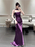 Chic Purple Satin Sheath Evening Gown Strapless Party Dress Long Formal Dress HZ1024