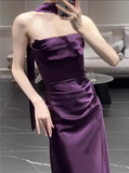 Chic Purple Satin Sheath Evening Gown Strapless Party Dress Long Formal Dress HZ1024