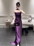 Chic Purple Satin Sheath Evening Gown Strapless Party Dress Long Formal Dress HZ1024