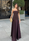 Elegant Burgundy Satin A-Line Evening Gown Strapless Party Dress Long Formal Dress HZ1024
