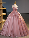 Elegant Pink Satin Strapless Sweet 16 Quinceanera A-Line Evening Dress Ball Gown HZ1024