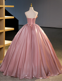 Elegant Pink Satin Strapless Sweet 16 Quinceanera A-Line Evening Dress Ball Gown HZ1024