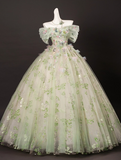 Elegant Light Green Tulle Floral Sweet 16 Quinceanera A-Line Off-the-shoulder Evening Dress Long Ball Gown HZ1024