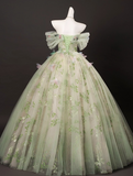 Elegant Light Green Tulle Floral Sweet 16 Quinceanera A-Line Off-the-shoulder Evening Dress Long Ball Gown HZ1024