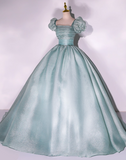 Elegant Glittering Satin Sweet 16 Quinceanera A-Line Puffy Sleeve Evening Dress Long Ball Gown HZ1024