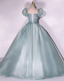 Elegant Glittering Satin Sweet 16 Quinceanera A-Line Puffy Sleeve Evening Dress Long Ball Gown HZ1024