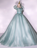 Elegant Glittering Satin Sweet 16 Quinceanera A-Line Puffy Sleeve Evening Dress Long Ball Gown HZ1024