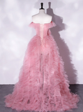 Vintage Pink A-Line Evening Gown Tulle Off-the-shoulder Party Dress Long Formal Dress HZ1024