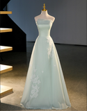 Vintage Sage Green A-Line Applique Evening Gown Satin Strapless Party Dress Long Formal Dress HZ1024